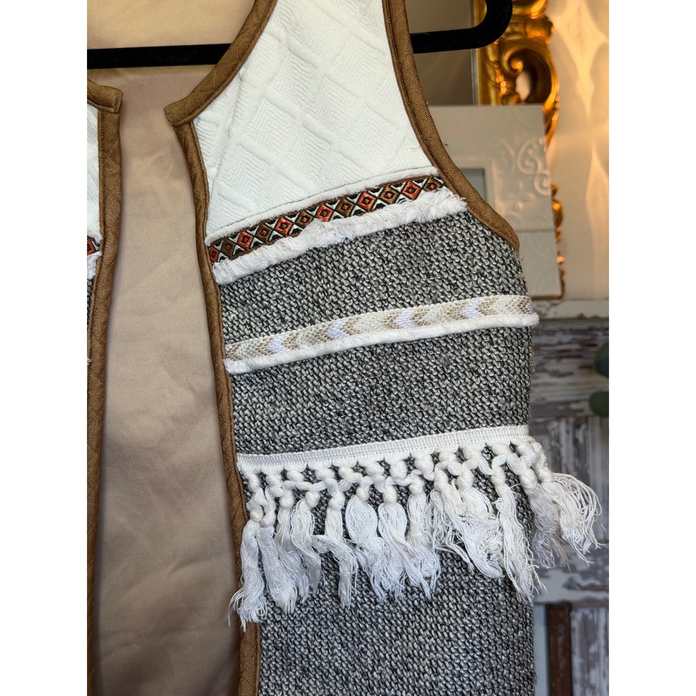 THML Boho Tassel Fringe Knit Vest Brown Grey Cream Western Embroidered Small - Picture 6 of 10